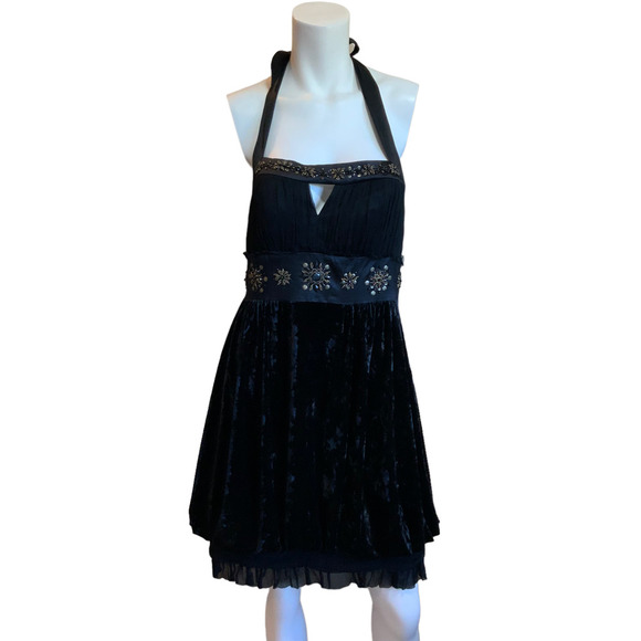 Sue Wong Nocturne Black Velvet Silk Crepe Beaded Halter Dress sz 10 - Picture 1 of 12
